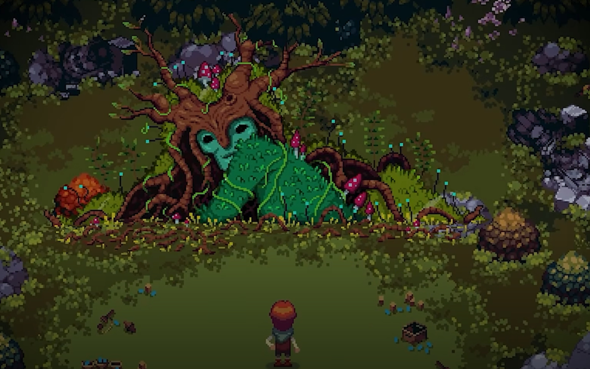 Pixel art creature with wooden branches on head glares at human character