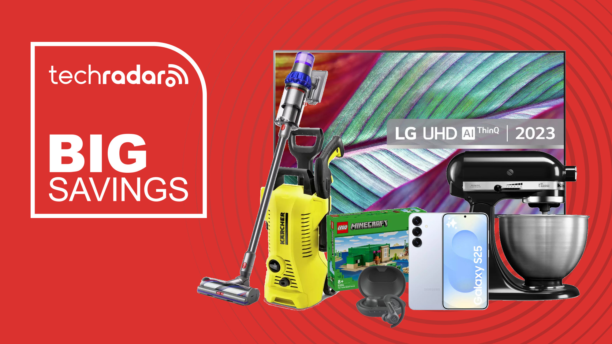 Collage of tech from the Argos Summer Sale, including at LG TV, Karcher pressure washer, Dyson vacuum, Samsung S25, KitchenAid mixer and Minecraft Lego