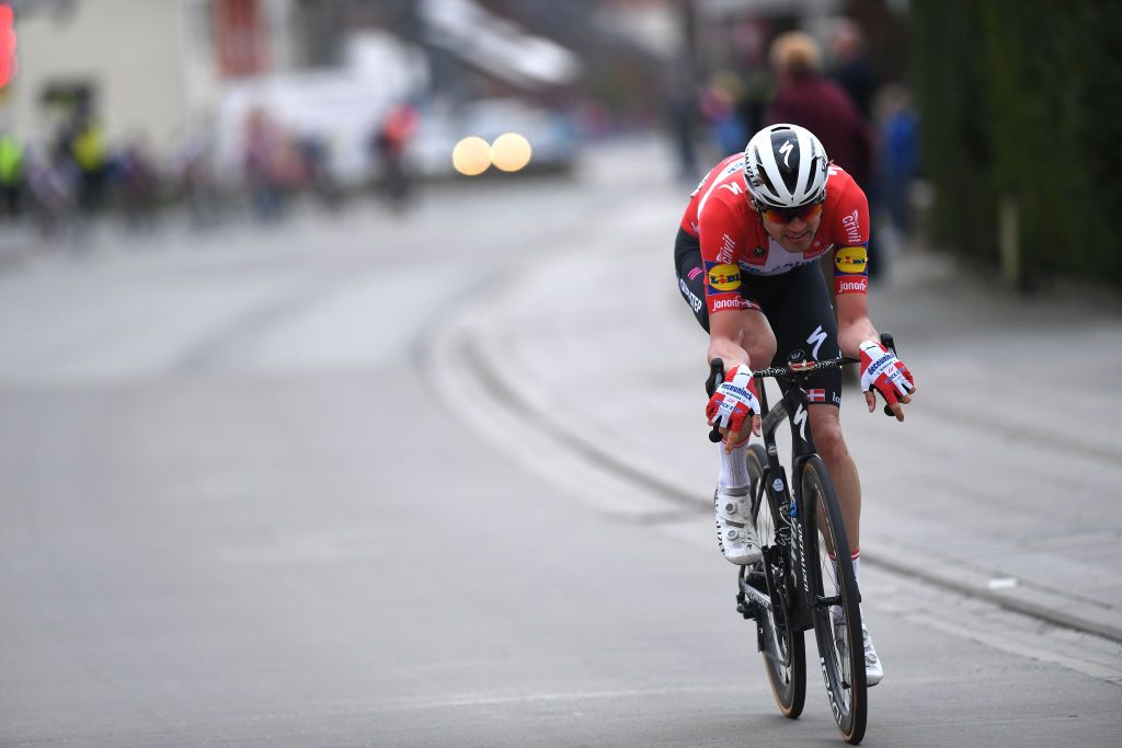 HARELBEKE BELGIUM MARCH 26 Kasper Asgreen of Denmark and Team Deceuninck QuickStep during the 64th E3 Saxo Bank Classic 2021 a 2039km race from Harelbeke to Harelbeke E3SaxobankClassic on March 26 2021 in Harelbeke Belgium Photo by Tim de WaeleGetty Images