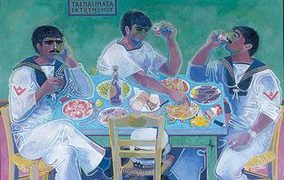 John Craxton, Still Life with Three Sailors, 1980-85. Tempera on canvas. Private Collection, UK. © 2018 Craxton Estate/DACS.