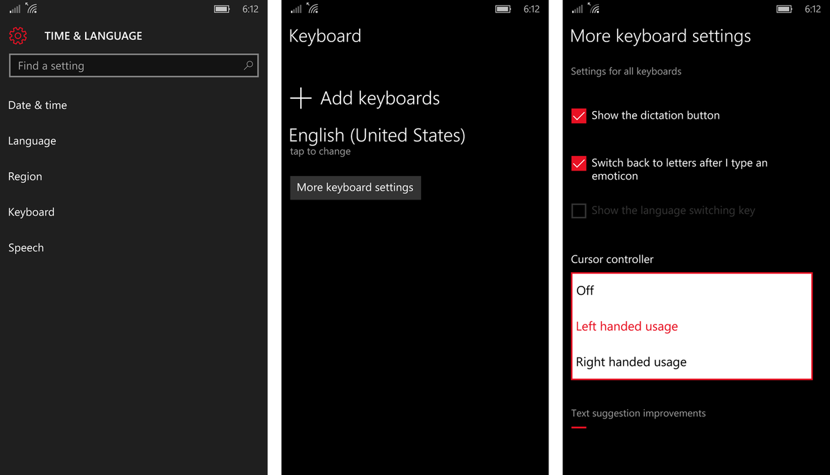 How to move the caret stick to the right in Windows 10 Mobile keyboard