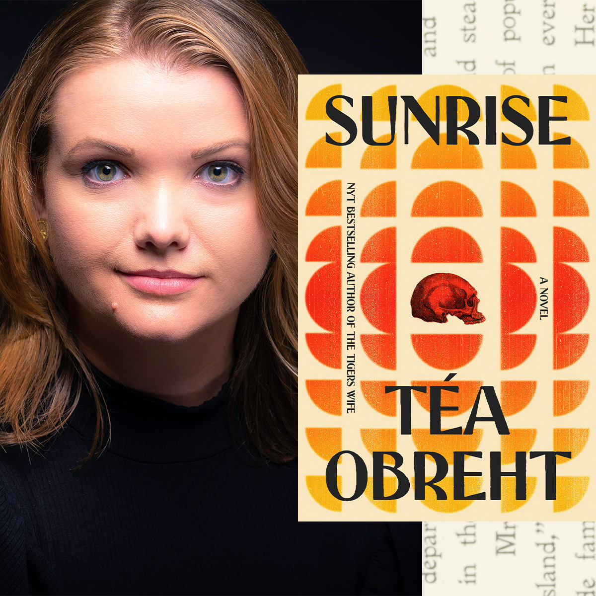 a split image of author tea obreht's headshot of her in a black turtleneck and the cover of her new western novel sunrise featuring an orange and red designer
