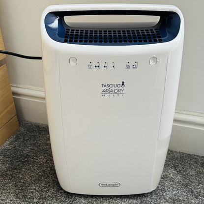 The white De’Longhi Tasciugo AriaDry Multi Dehumidifier being reviewed in a carpeted home