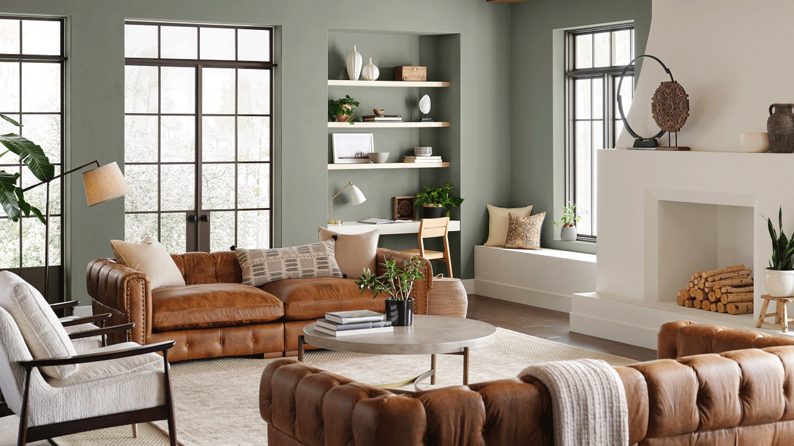 Sherwin-Williams Color of the Year 2022 Evergreen Fog in a living room