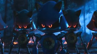 A menacing line of Metal Sonics stand in the woods in Sonic the Hedgehog 3.