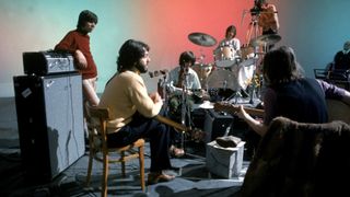 Paul McCartney, George Harrison, Ringo Starr and John Lennon during a session for Let It Be