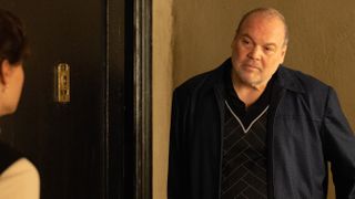 Vincent D'Onofrio as Vincent Gigante standing outside of an apartment in Godfather of Harlem season 3