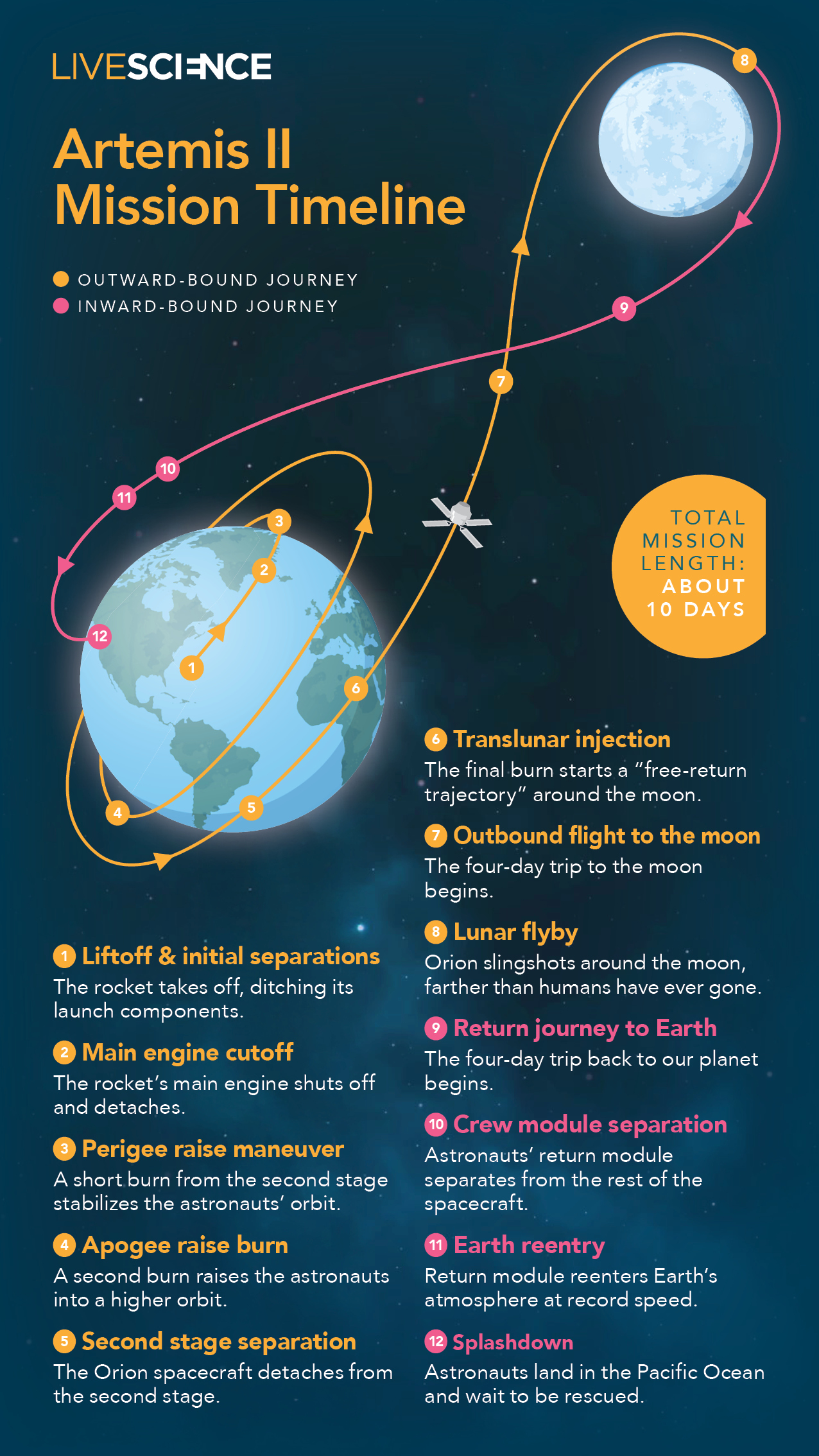 An infographic showing the 12 steps of the Artemis II mission and the pathway that the Orion spacecraft will take as it slingshots around the moon