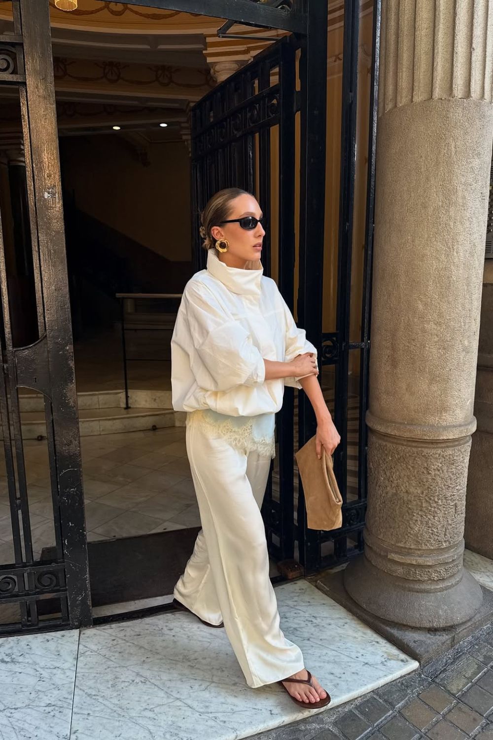 @tripplehorn wearing a white blouson jacket