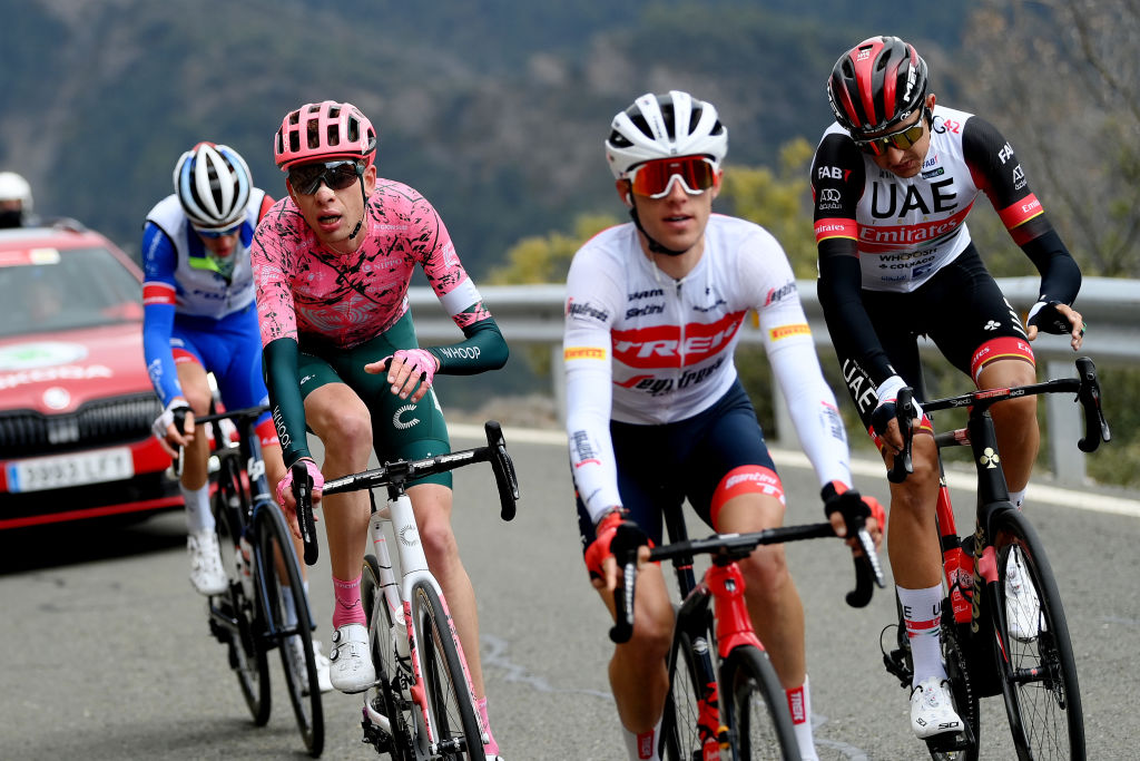 BO TALL SPAIN MARCH 24 LR Hugh Carthy of United Kingdom and EF Education Easypost and Marc Soler Gimenez of Spain and UAE Team Emirates compete in the breakaway during the 101st Volta Ciclista a Catalunya 2022 Stage 4 a 1665km stage from La Seu dUrgell to Bo Tall 2015m VoltaCatalunya101 WorldTour on March 24 2022 in Bo Tall Spain Photo by David RamosGetty Images