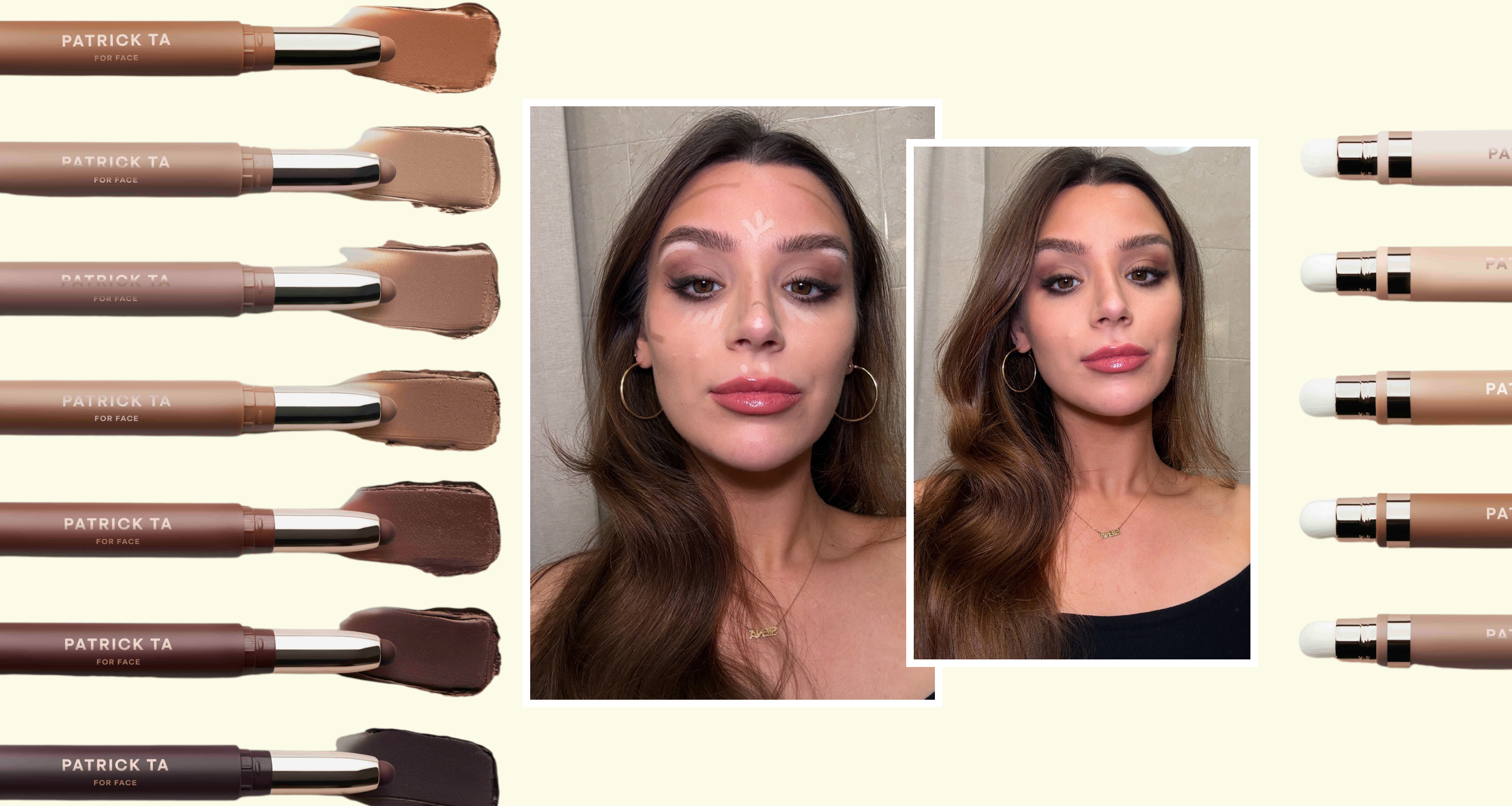 Patrick Ta contour and highlighting sticks surround side-by-side before-and-after photos showing cream contour placement and the finished blended makeup look.