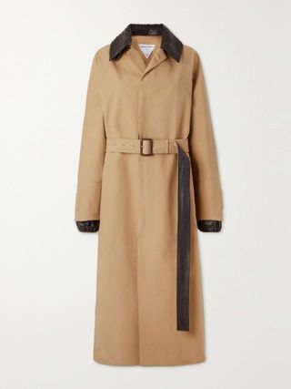 Belted Leather-Trimmed Cotton-Garbardine Trench Coat