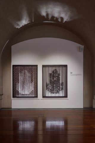 Wall hanging installation made of wood from Finsa, part of Designers in the Middle exhibition at London Design Biennale