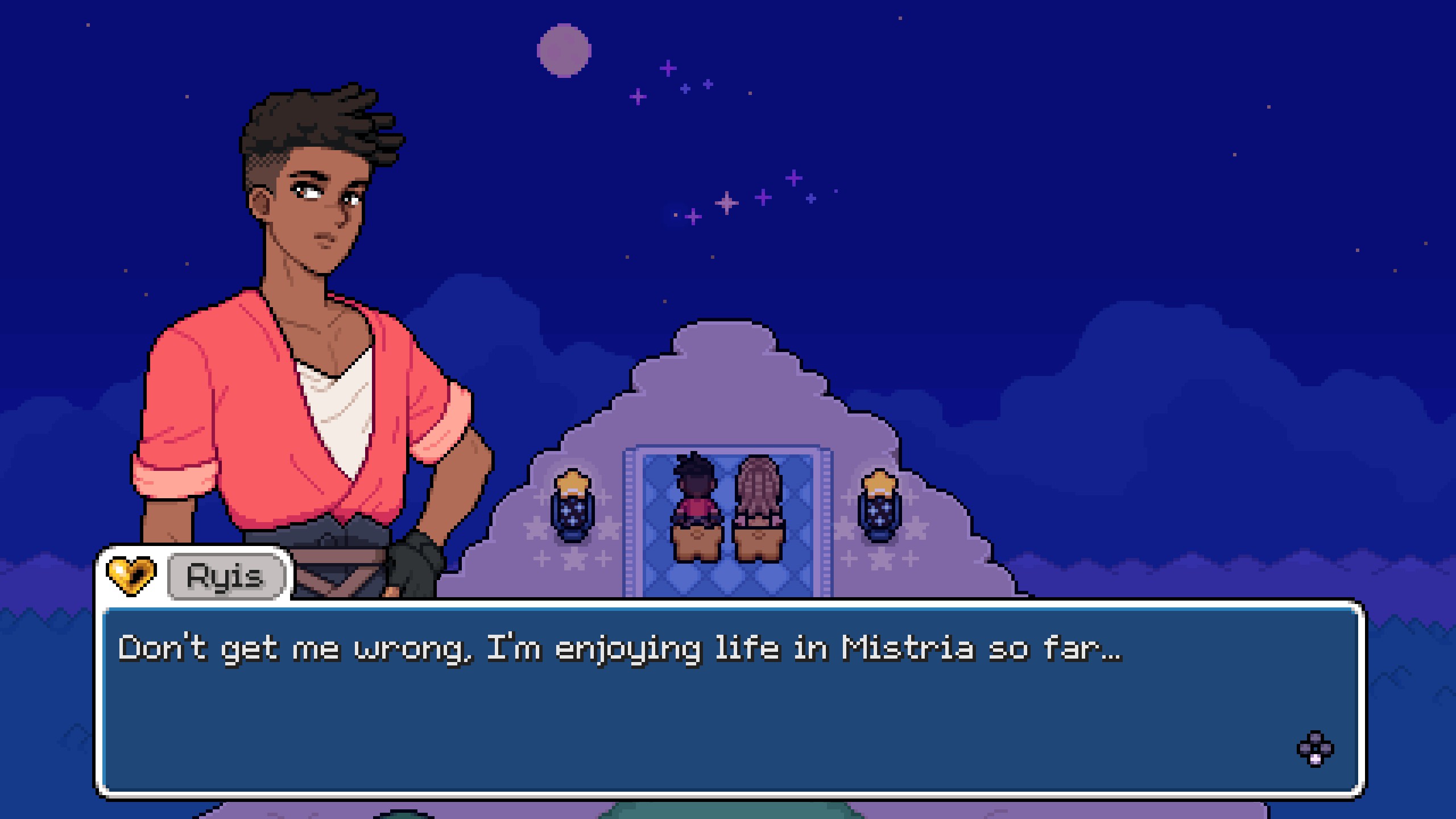 Fields of Mistria - Ryis sits at the summit for the Shooting Star Festival with the player and says &amp;quot;Don't get me wrong, I'm enjoying life in Mistria so far.&amp;quot;