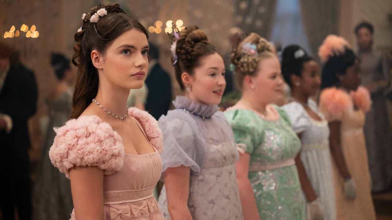 Hyacinth standing in a line with other girls during a dance.