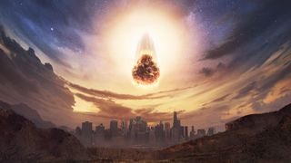 Illustration of an asteroid coming through the atmosphere towards a city.