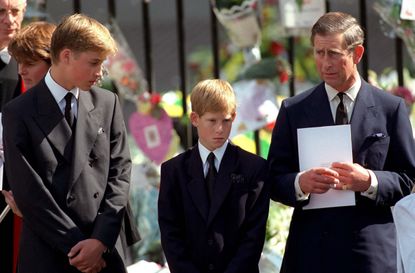 The Prince of Wales with Prince William and Prince Harry outside Westminster Abbey at the funeral of Diana, The Princess of Wales