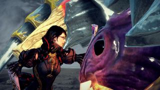 Bayonetta 3's Bayonetta stroking a large purple creature