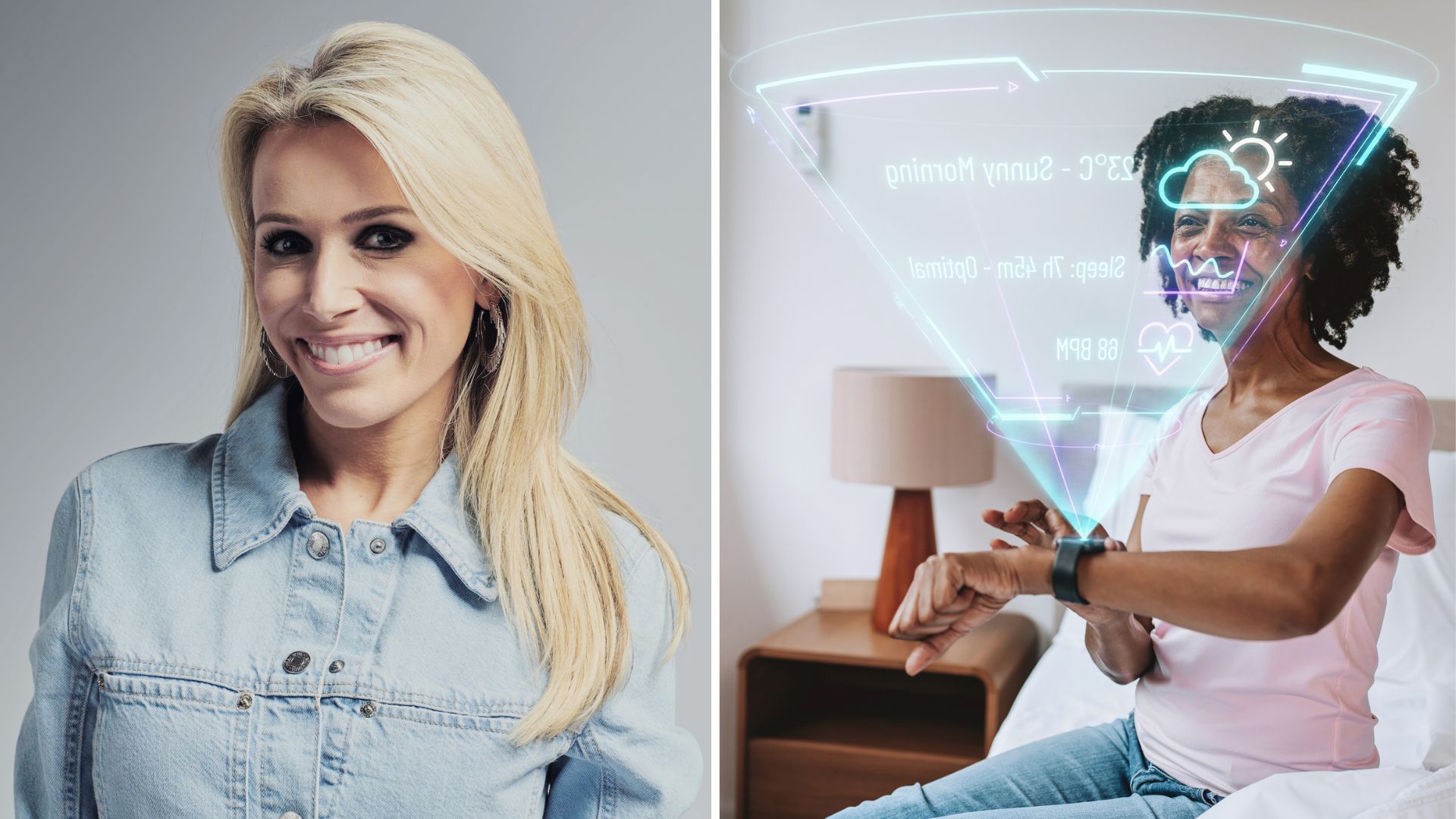 A split image shows a headshot of technology expert Lara Lewington, and a photo of a woman using a futuristic smart watch