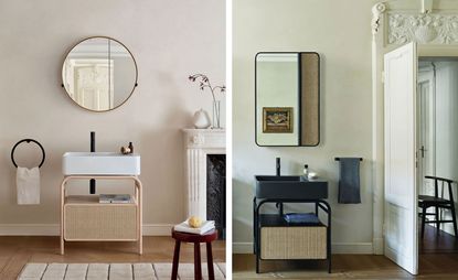 Washbasin with woven straw front cabinet in pink and dark blue