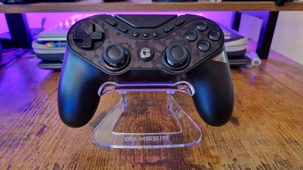 A GameSir Tarantula Pro review image of the gamepad on its stand