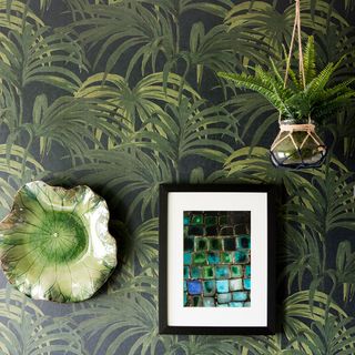 room with coconut leave wallpaper