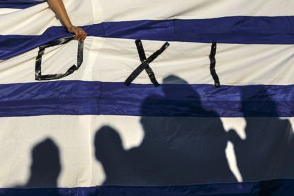 Greek flag with "no" written on it