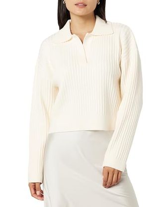 The Drop Women's Marcy Ribbed Collar Relaxed Pullover, Ivory, Xl