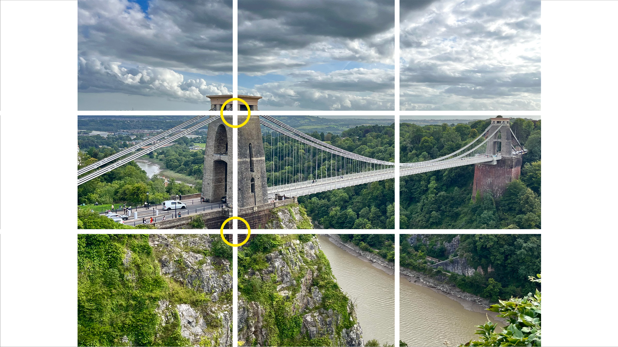 Landscape photo split into 9 sections with a grid