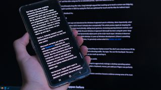 Microsoft Edge mobile and desktop showing Reading Mode with text in dark mode for an article