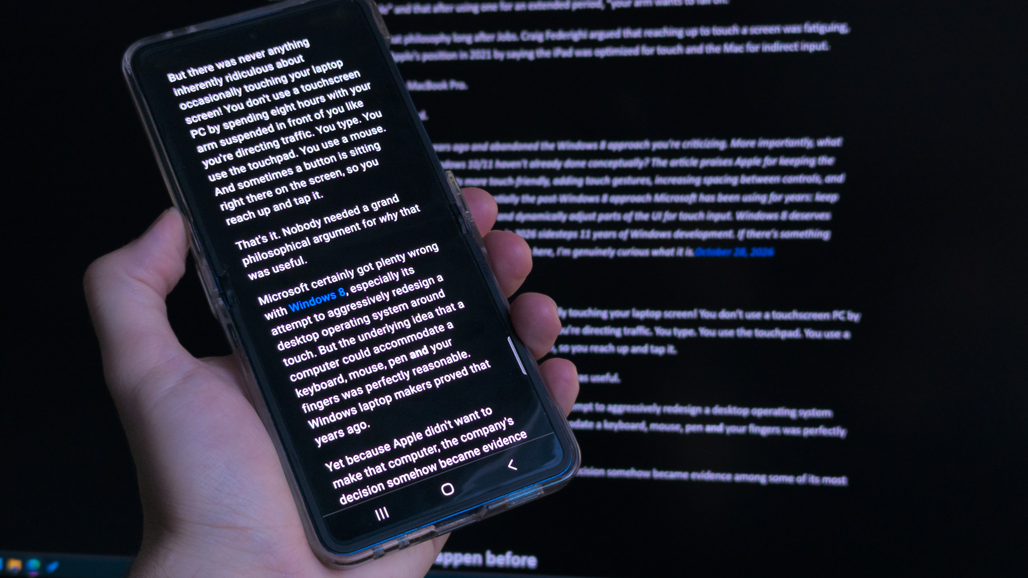 Microsoft Edge mobile and desktop showing Reading Mode with text in dark mode for an article