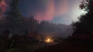 Nightingale - A player sits by a tent and campfire in a forrested hill at sunset.