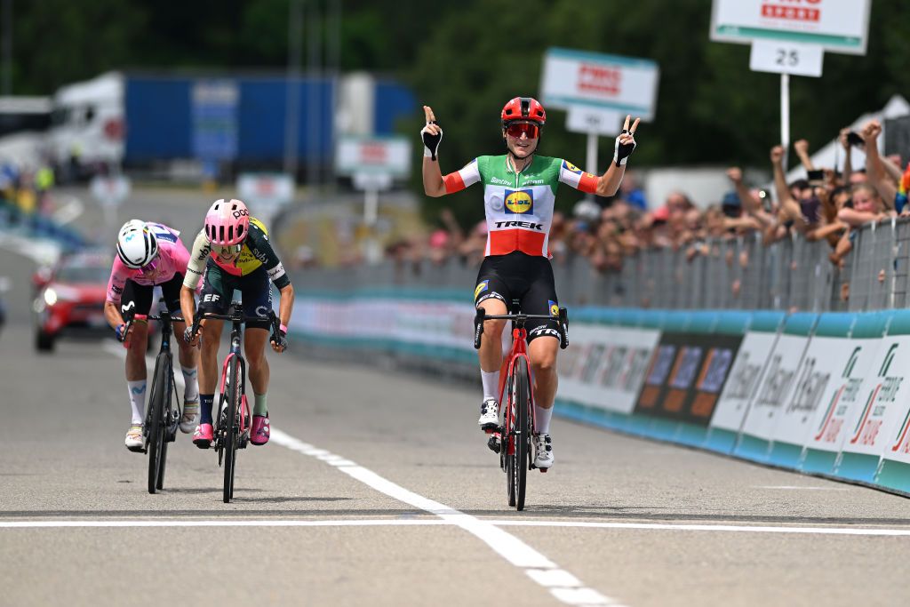 BORGO VAL DI TORO ITALY JULY 03 Elisa Longo Borghini of Italy and Team Lidl Trek celebrates at finish line as stage winner ahead of Veronica Ewers of The United States and Team EF EducationTibcoSvb and Annemiek Van Vleuten of The Netherlands and Movistar Team Pink Leader Jersey during the 34th Giro dItalia Donne 2023 Stage 4 a 134km stage from Fidenza to Borgo Val di Toro UCIWWT on July 03 2023 in Borgo Val di Toro Italy Photo by Dario BelingheriGetty Images