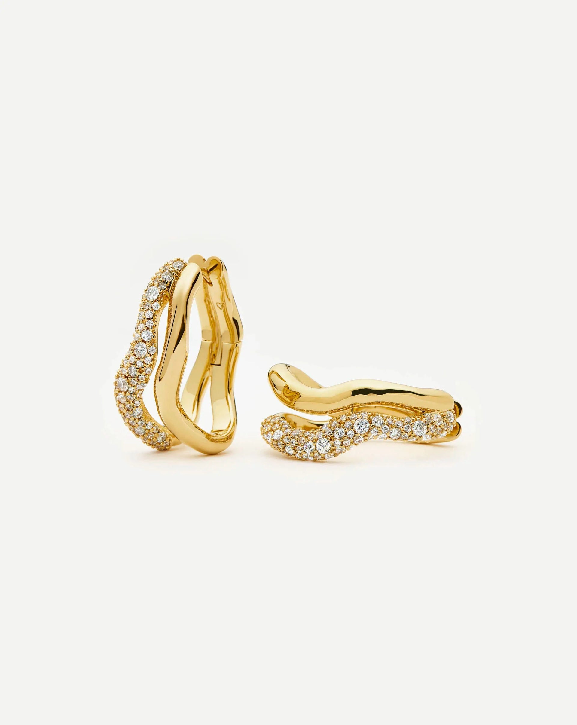 Molten Snow Double Medium Hoop Earrings | 18ct Gold Plated/cubic Zirconia - 18ct Gold Plated/cubic Zirconia