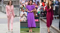 Composite of Kate Middleton wearing a full pink look in 2023, a full purple look in 2024 and full burgundy look in 2023