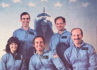 Sally's first ride, with her STS-7 crewmates. In addition to launching America's first female astronaut, it was also the first mission with a five-member crew. Front row, left to right: Ride, commander Bob Crippen, pilot Frederick Hauck. Back row, left to right: John Fabian, Norm Thagard.