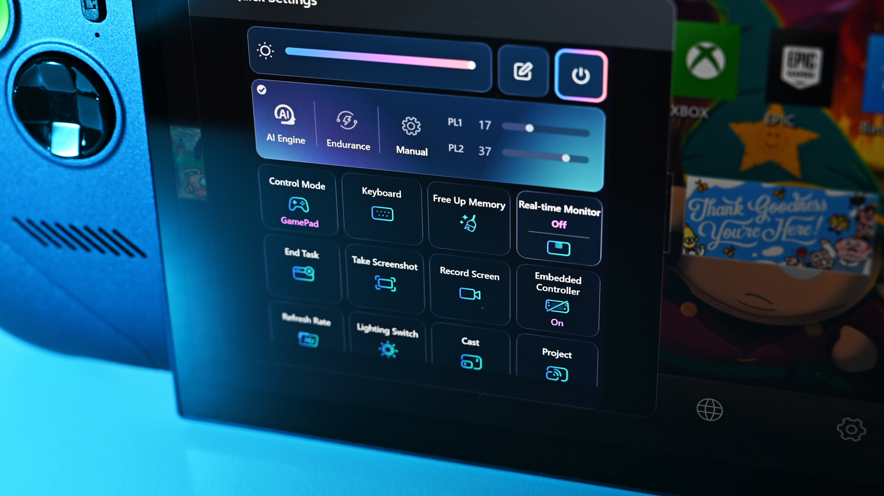 Close-up of the Quick Settings overlay menu on the MSI Claw 8 EX AI+, displaying power sliders for PL1 and PL2 alongside system control toggles.