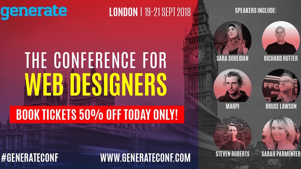 An image promoting the Generate London 2018 flash sale, offering half-price tickets for today only.