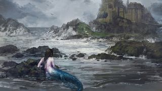 Generative AI art; a mermaid sits on a rock in a storm