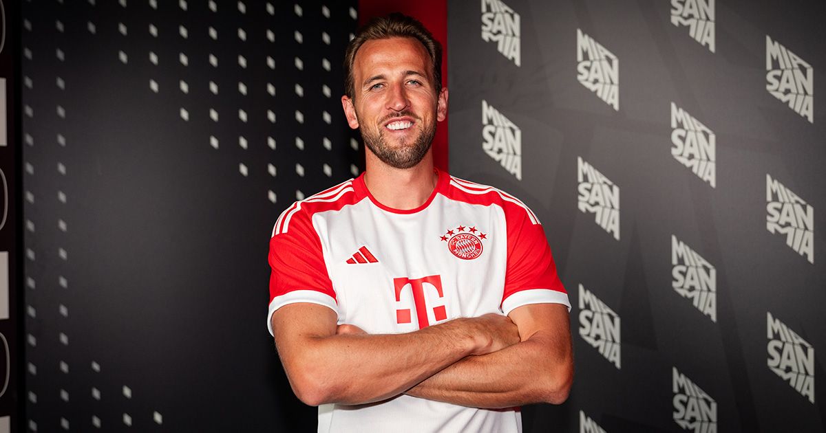 Harry Kane of FC Bayern Muenchen during the unveiling of his signing on August 11, 2023 in Munich, Germany.