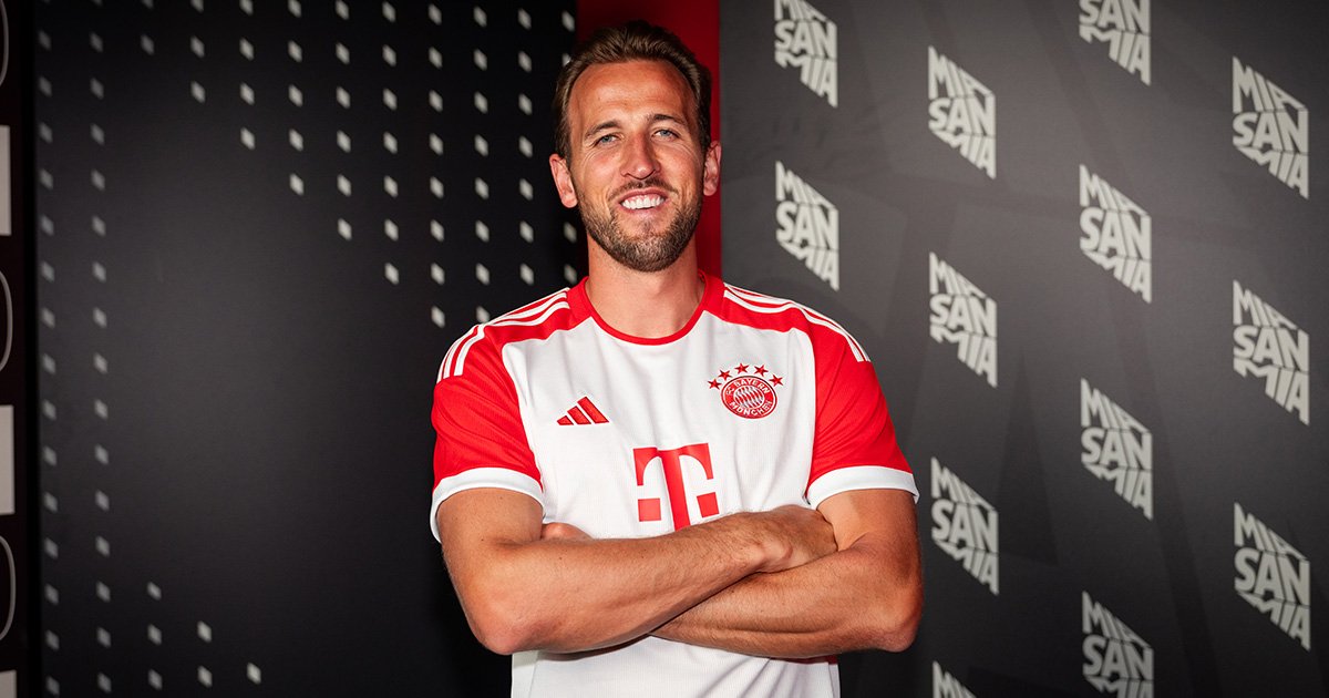 Harry Kane of FC Bayern Muenchen during the unveiling of his signing on August 11, 2023 in Munich, Germany.