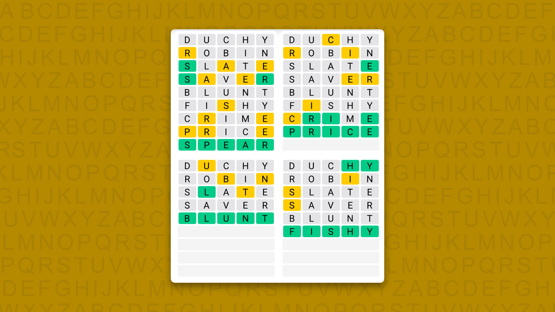Quordle answers for game 1696 on a yellow background