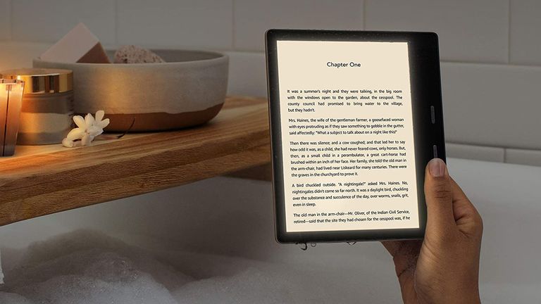 An Amazon Kindle ereader shown lying on a bag in the sun with a digital book shown on screen