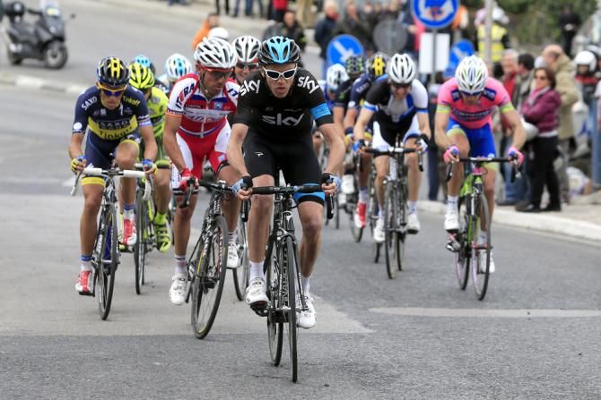 Chris Froome (Team Sky) leads the peloton