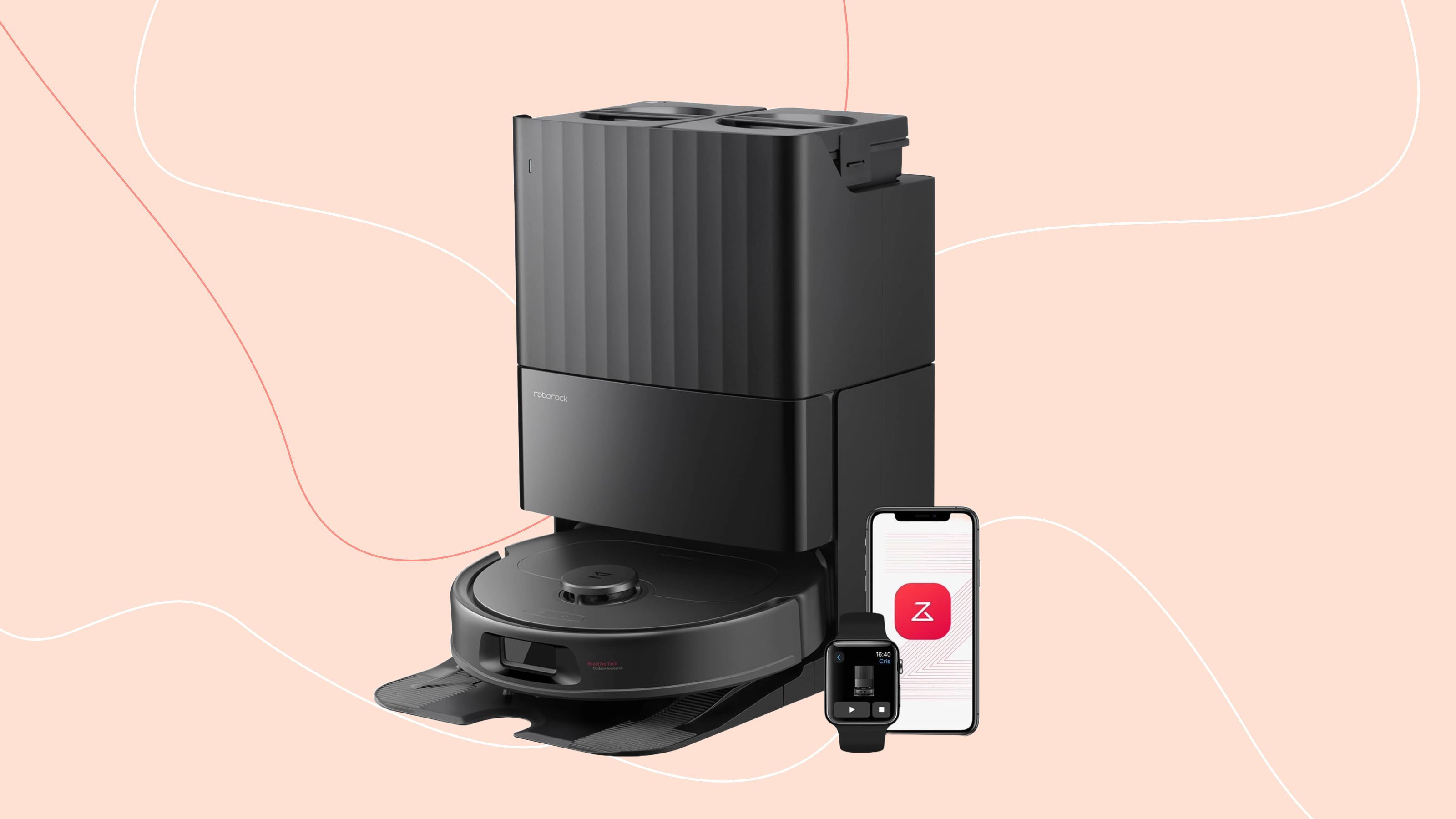 Roborock QV 35S Robot Vacuum With Mop on a pink background