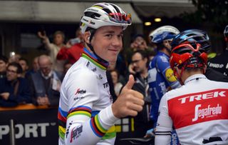 Trek-Segafredo’s Mads Pedersen gives a thumbs up at the start of the 2019 Milano-Torino. The road race world champion will take part in RCS Sport’s Challenge of Stars indoor race series in May 2020