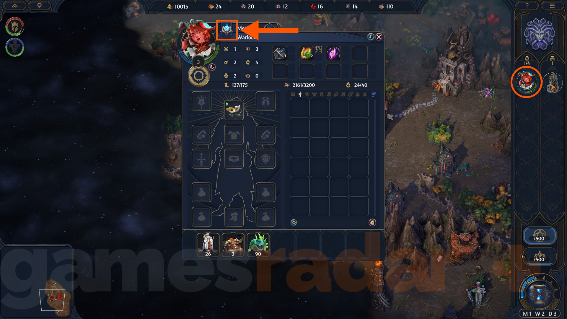 An arrow indicates the Hero's class icon, where you can find out your Heroes Olden Era elite class options