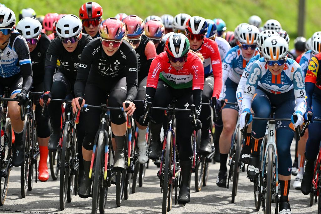 LIEGE BELGIUM APRIL 24 LR Marit Raalimakers of The Netherlands and Team Human Powered Health and Kata Blanka Vas of Hungary and Team SD Worx Protime compete during the 8th Liege Bastogne Liege Femmes 2024 a 1529km one day race from Bastogne to Liege UCIWWT on April 24 2024 in Liege Belgium Photo by Luc ClaessenGetty Images