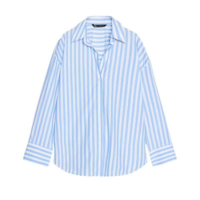 A cutout of a blue and white stripe shirt