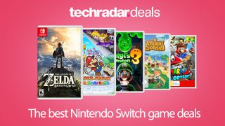 five Nintendo Switch games on a pink background with techradar deals logo above